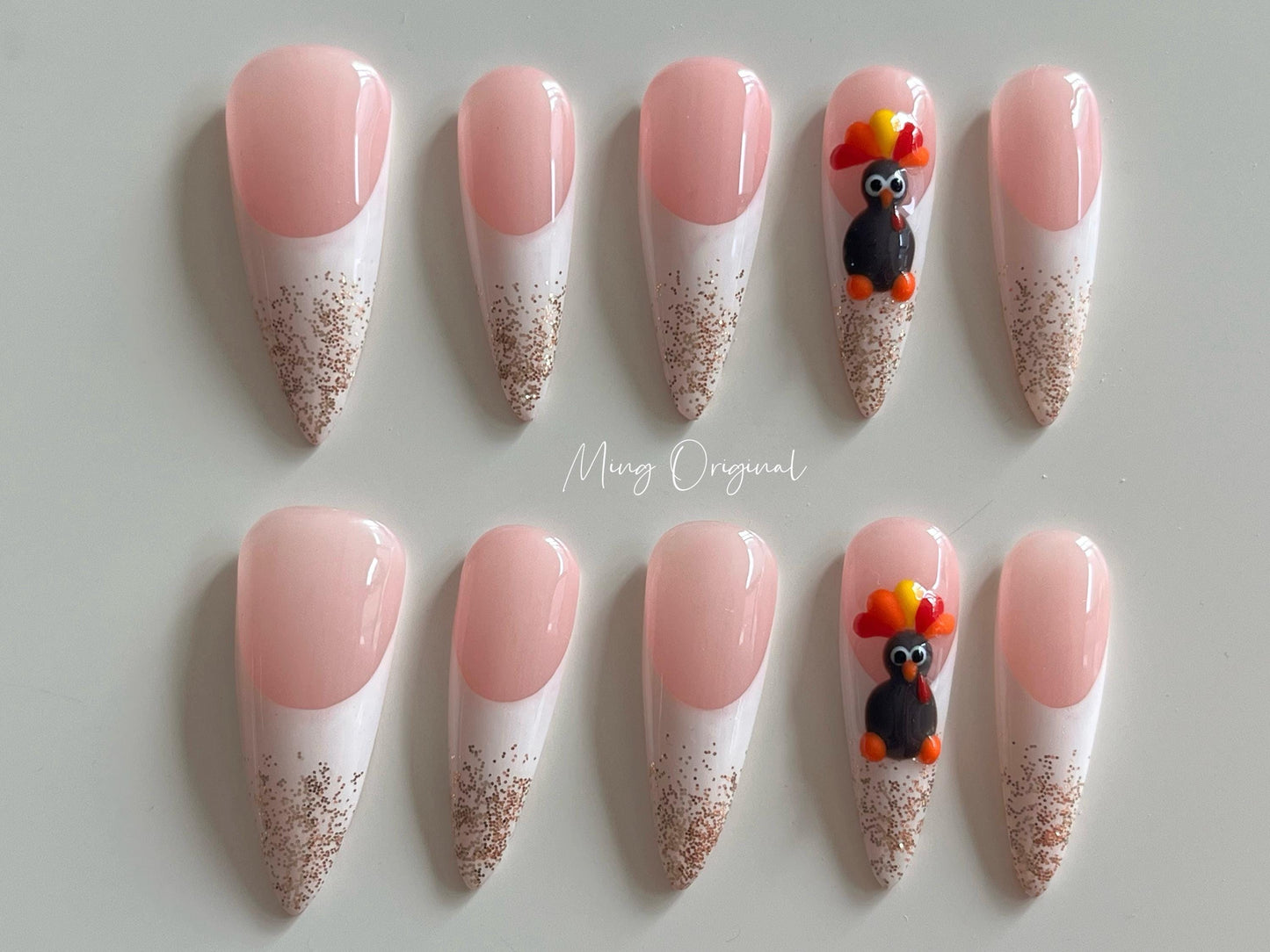 Thanksgiving turkey glittering french tip press on nails, reuse nails, jelly fake nail, glue on nail, gift for her, MO272
