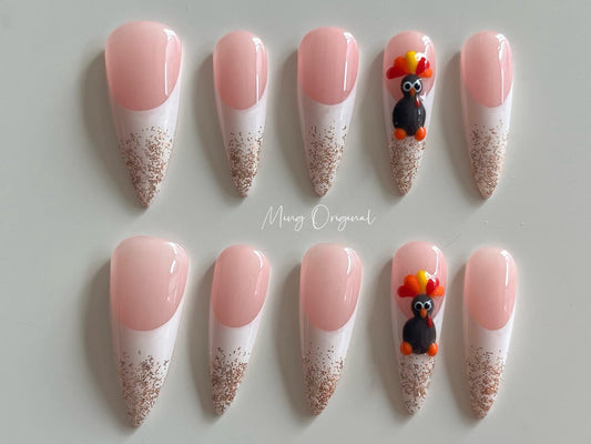 Thanksgiving turkey glittering french tip press on nails, reuse nails, jelly fake nail, glue on nail, gift for her, MO272
