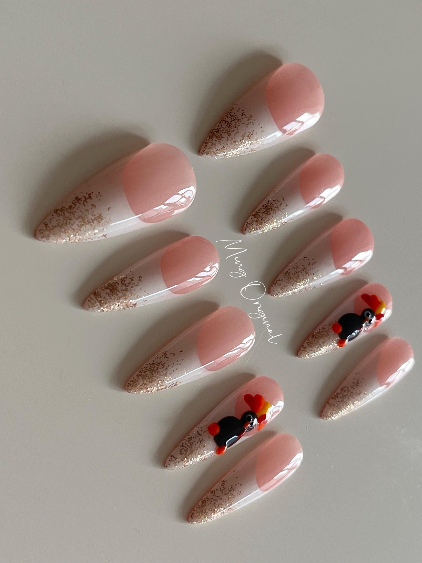 Thanksgiving turkey glittering french tip press on nails, reuse nails, jelly fake nail, glue on nail, gift for her, MO272