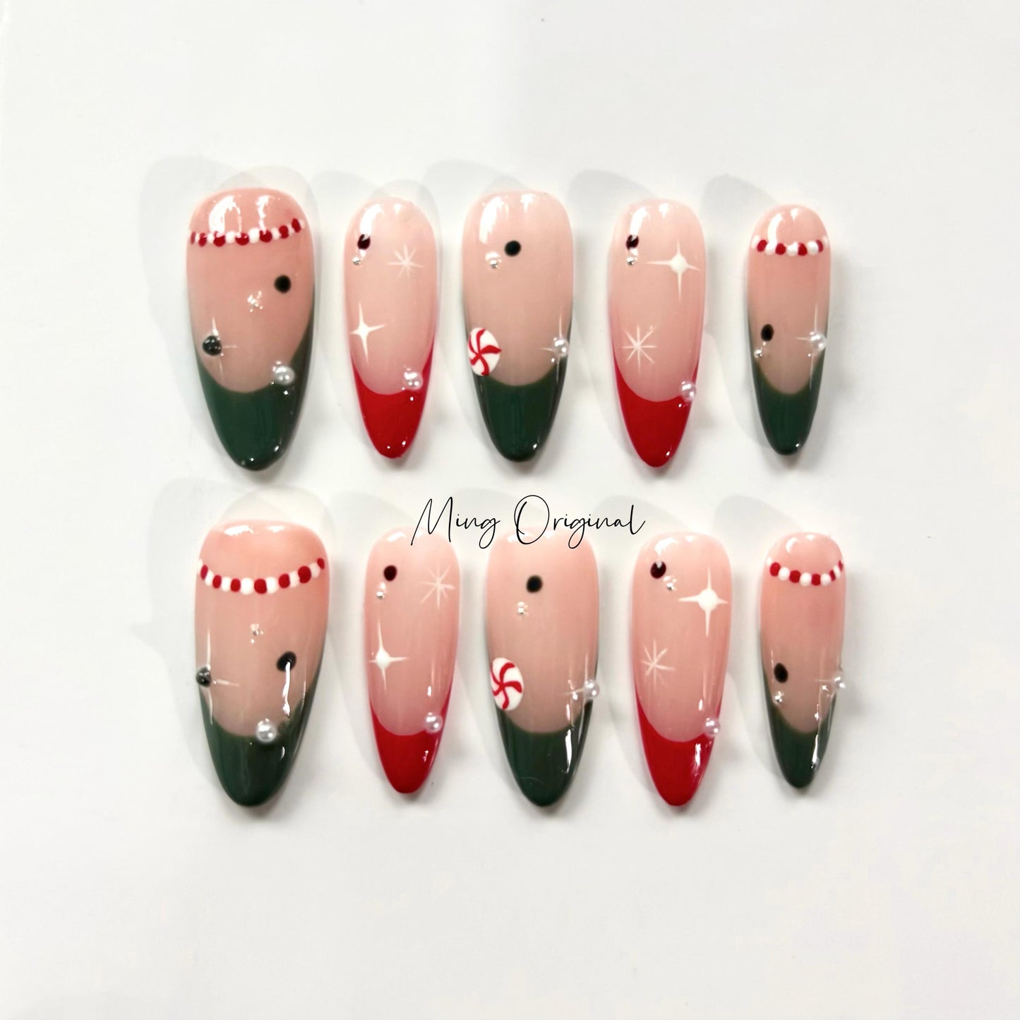Christmas candy cane Press on Nails, winter snowflake handmade Nails,  green and red French tip Jelly Nails, MO330