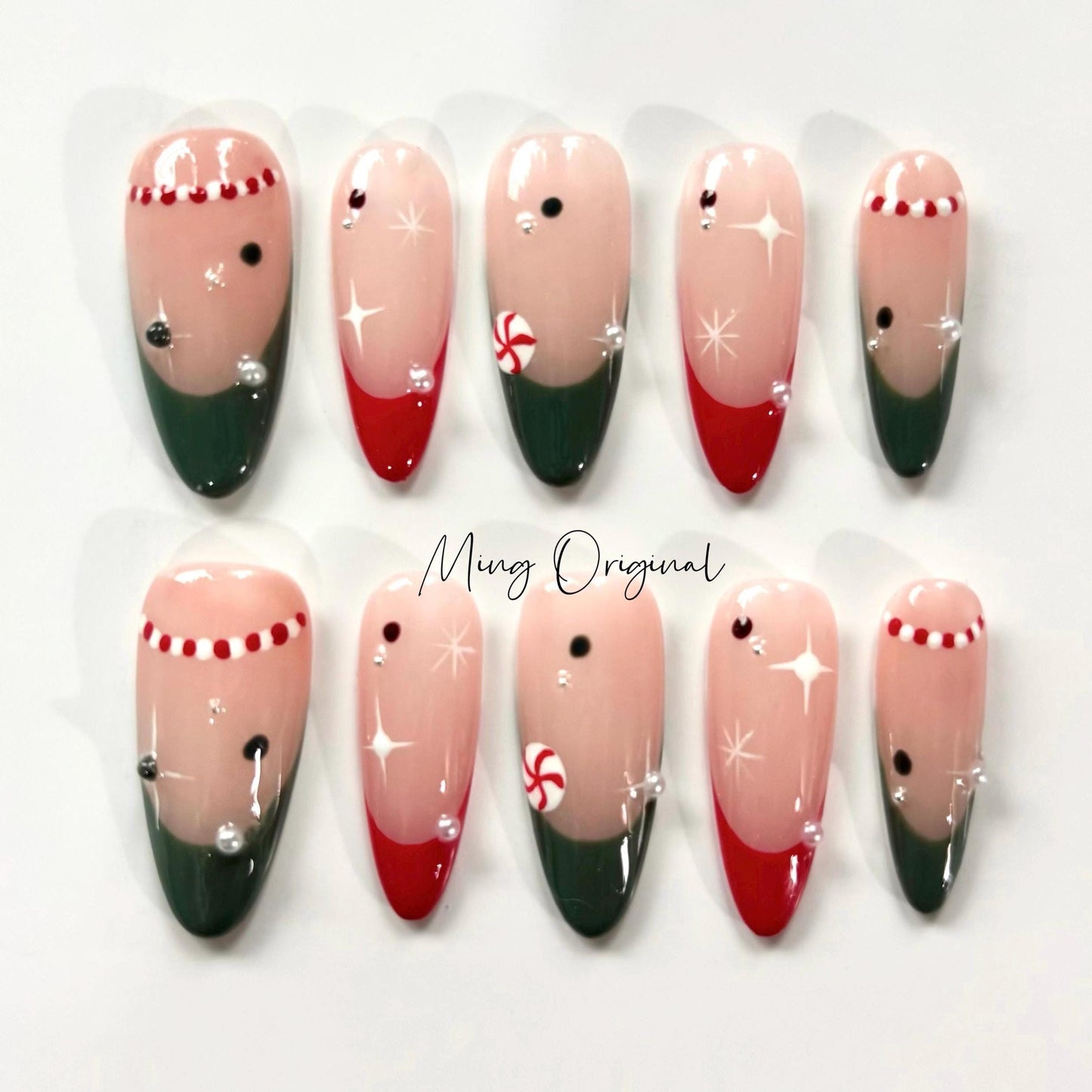 Christmas candy cane Press on Nails, winter snowflake handmade Nails,  green and red French tip Jelly Nails, MO330