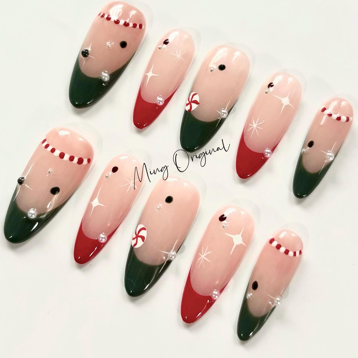 Christmas candy cane Press on Nails, winter snowflake handmade Nails,  green and red French tip Jelly Nails, MO330