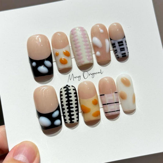 3d Sweater patch work plaid pattern Press on Nails, Christmas cold weather nail, autumn winter nail, holiday birthday gift for her,MO288