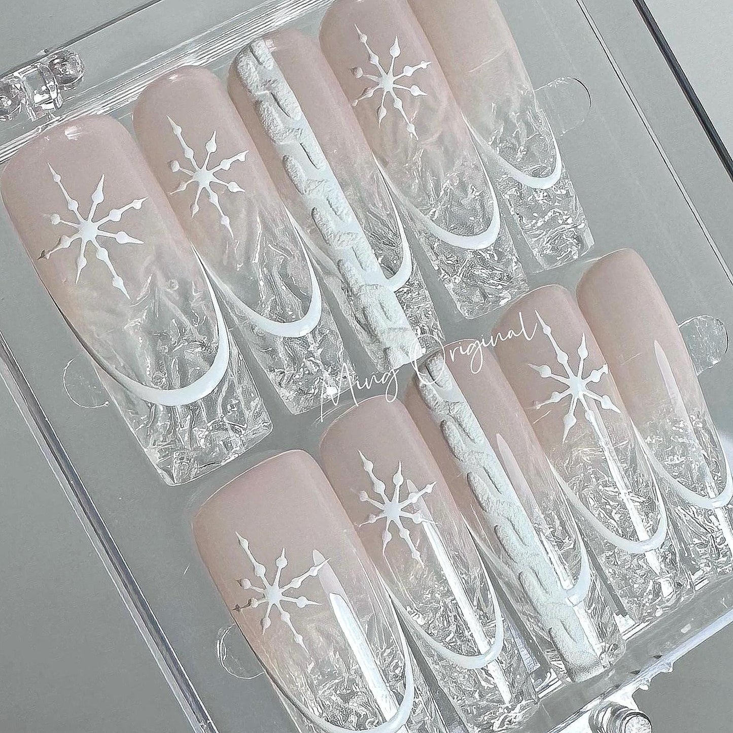 Christmas sweater clear Icey tip Press on Nails,snowflake crystal broken glass winter handmade Nails,nude pink French tip Jelly Nails, MO339