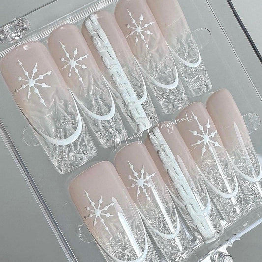 Christmas sweater clear Icey tip Press on Nails,snowflake crystal broken glass winter handmade Nails,nude pink French tip Jelly Nails, MO339