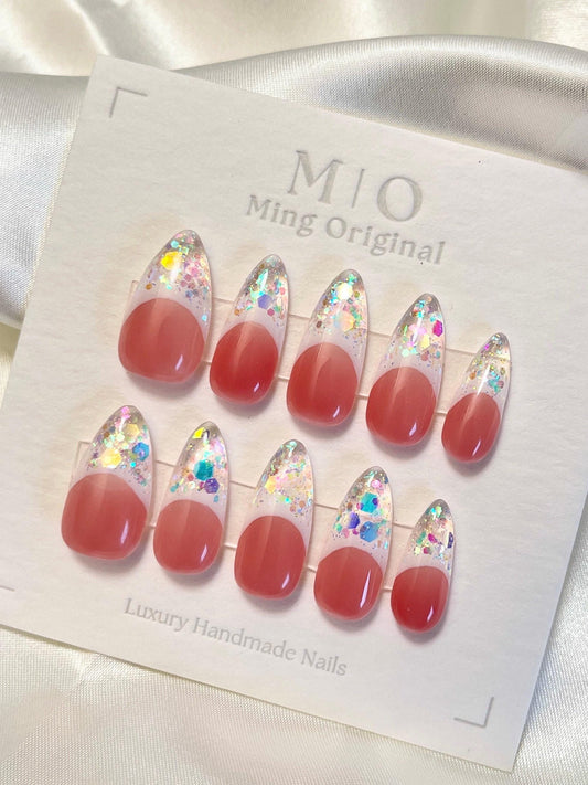 French tip sequin Glass ice encapsulated tip Press on Nails, ombre nails,Builder Gel handmade Nails, Jelly Nails, valentine anniversary gift