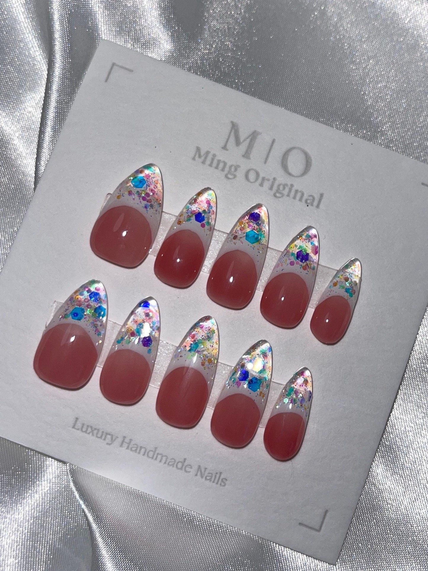 French tip sequin Glass ice encapsulated tip Press on Nails, ombre nails,Builder Gel handmade Nails, Jelly Nails, valentine anniversary gift
