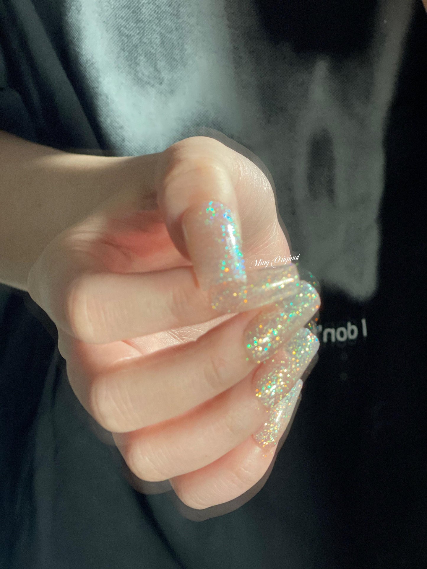 Gold tone Gliiter Shine Nude Acrylic & press on nails, glue on nails, reuse nails, jelly fake nail, hand painted gel nail