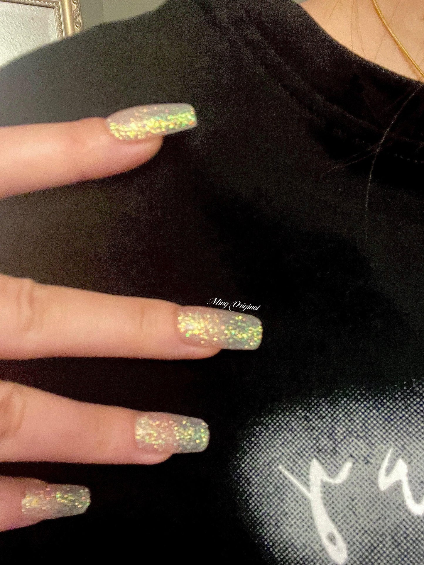 Gold tone Gliiter Shine Nude Acrylic & press on nails, glue on nails, reuse nails, jelly fake nail, hand painted gel nail