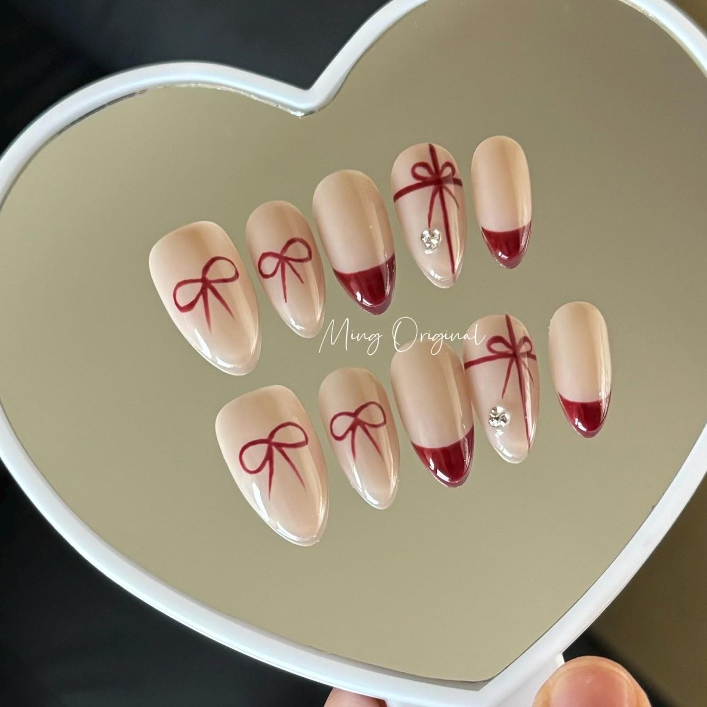 XMAS GIFTS bow tie coquette press on nail, red french tip nude nails, glue on nail, Christmas birthday gift for her, MO350