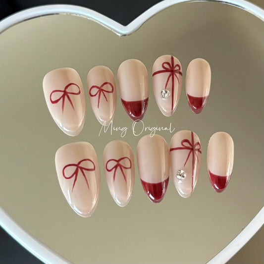 XMAS GIFTS bow tie coquette press on nail, red french tip nude nails, glue on nail, Christmas birthday gift for her, MO350