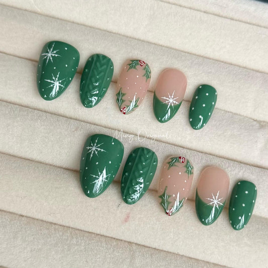 Christmas green sweater press on Nail, cherry tree and snowflake French tip nails, glue on nail, Holiday Fake Nails, Gifts for Her, MO353