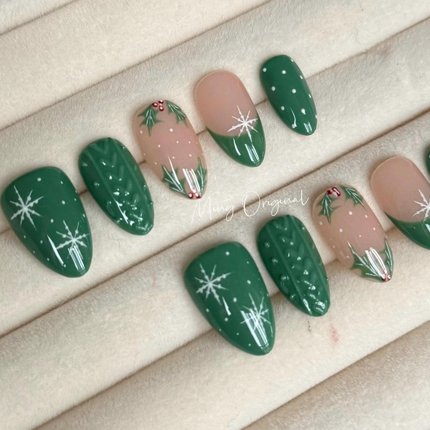 Christmas green sweater press on Nail, cherry tree and snowflake French tip nails, glue on nail, Holiday Fake Nails, Gifts for Her, MO353