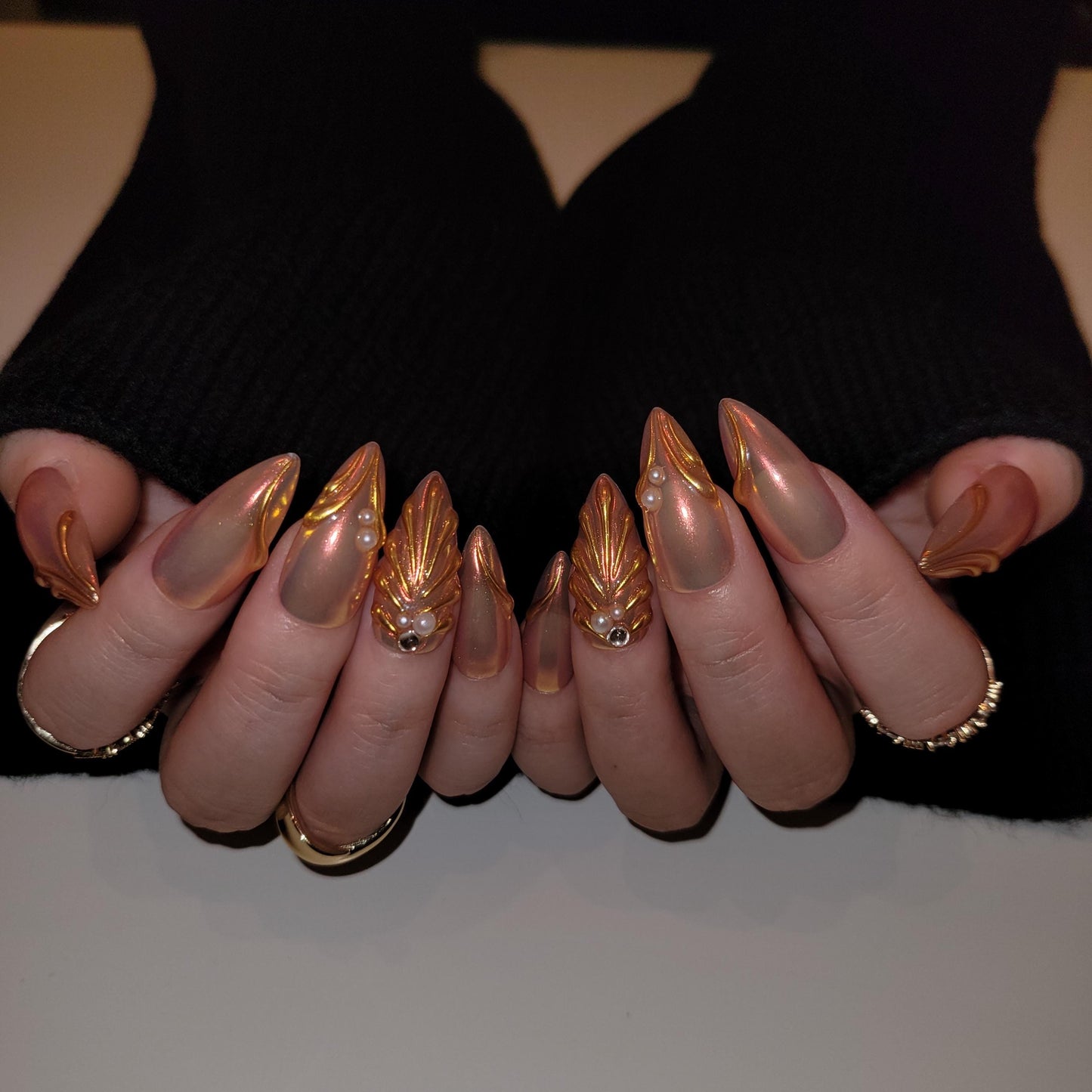 Golden mermaid press on nails, 3D Pearlescent Gold Aurora Chrome Nail, Aura pearl reusable nail, jelly fake nail, glue on nail, MO283
