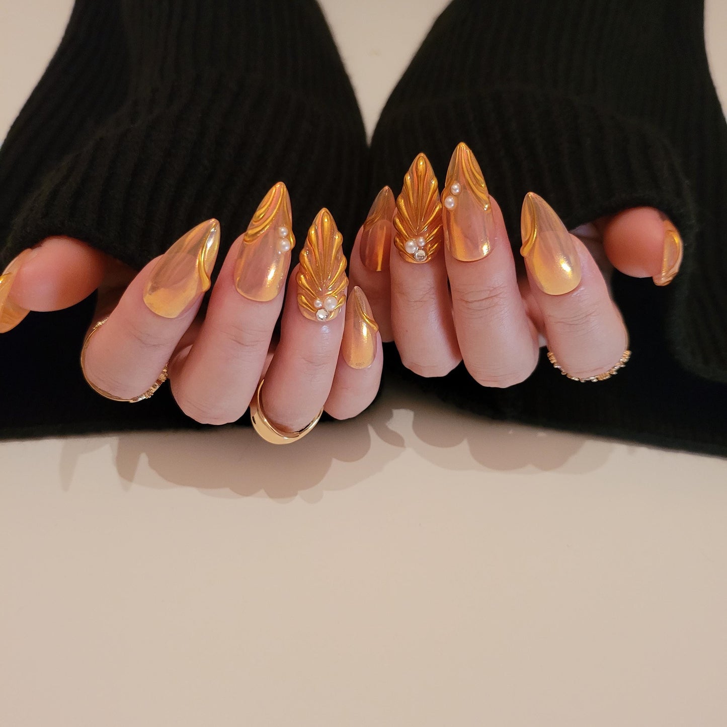 Golden mermaid press on nails, 3D Pearlescent Gold Aurora Chrome Nail, Aura pearl reusable nail, jelly fake nail, glue on nail, MO283