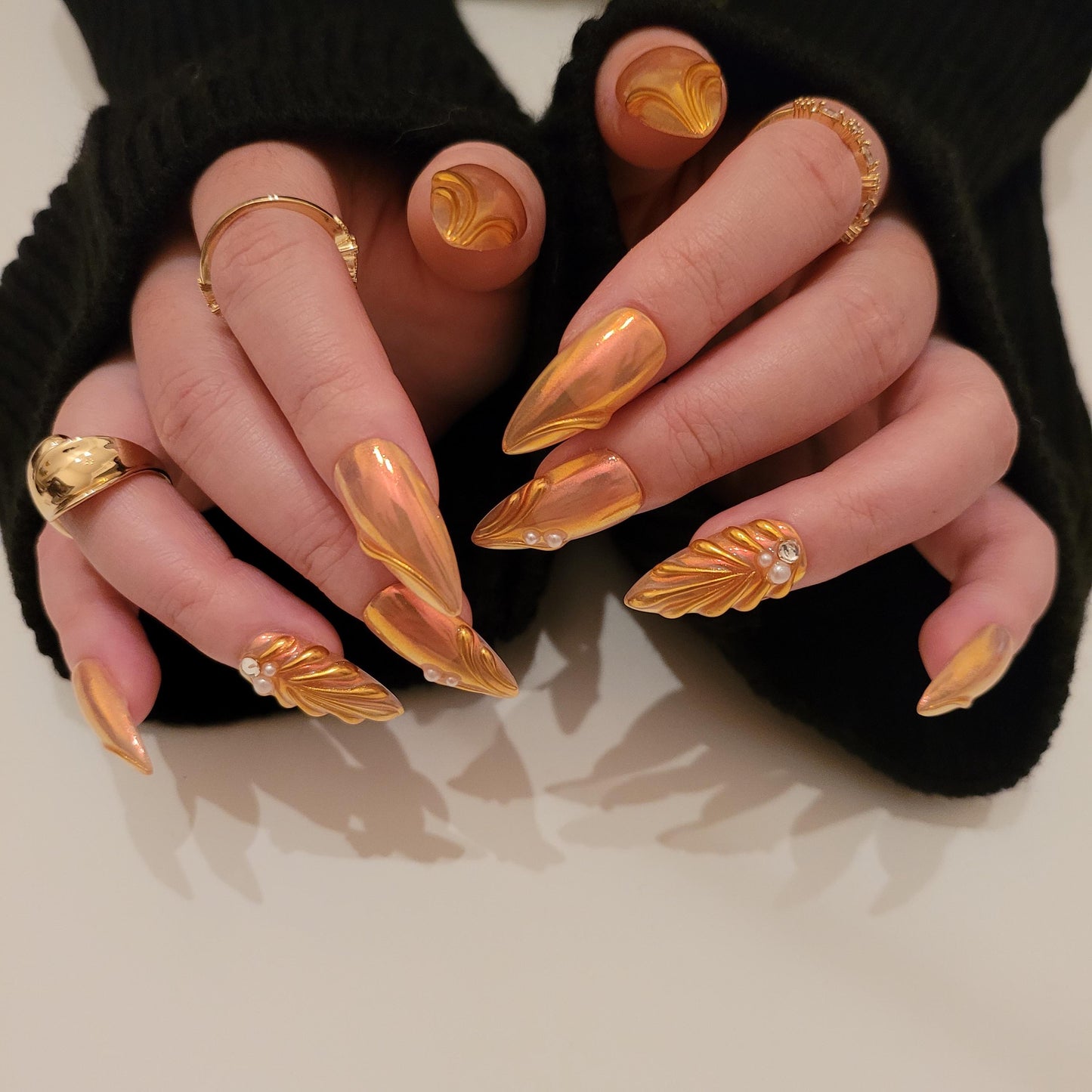 Golden mermaid press on nails, 3D Pearlescent Gold Aurora Chrome Nail, Aura pearl reusable nail, jelly fake nail, glue on nail, MO283