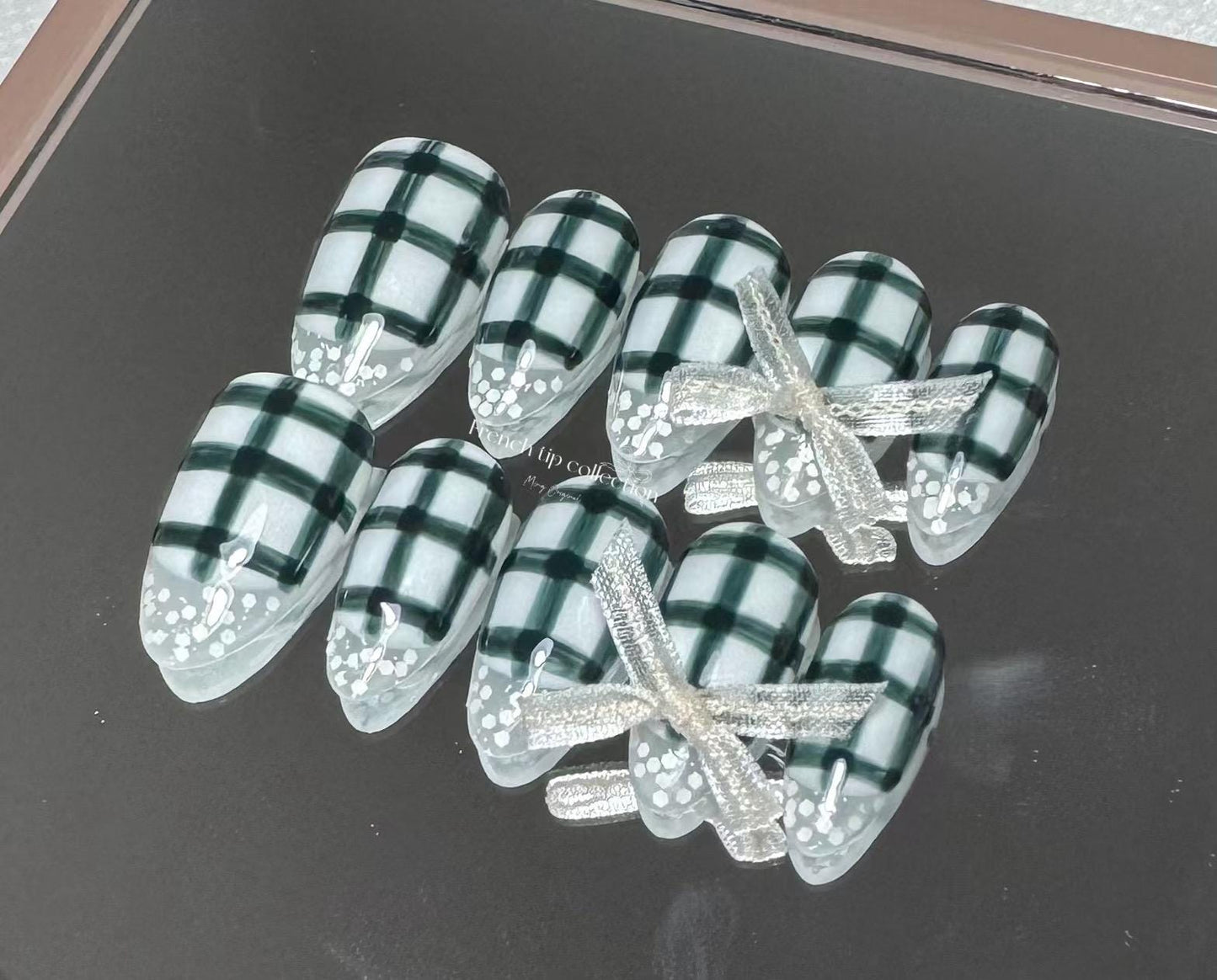 French Tip Collection| plaid and lace coquette bow Press on Nails, encapsulated glue on nail, birthday holiday gift for her,MO309
