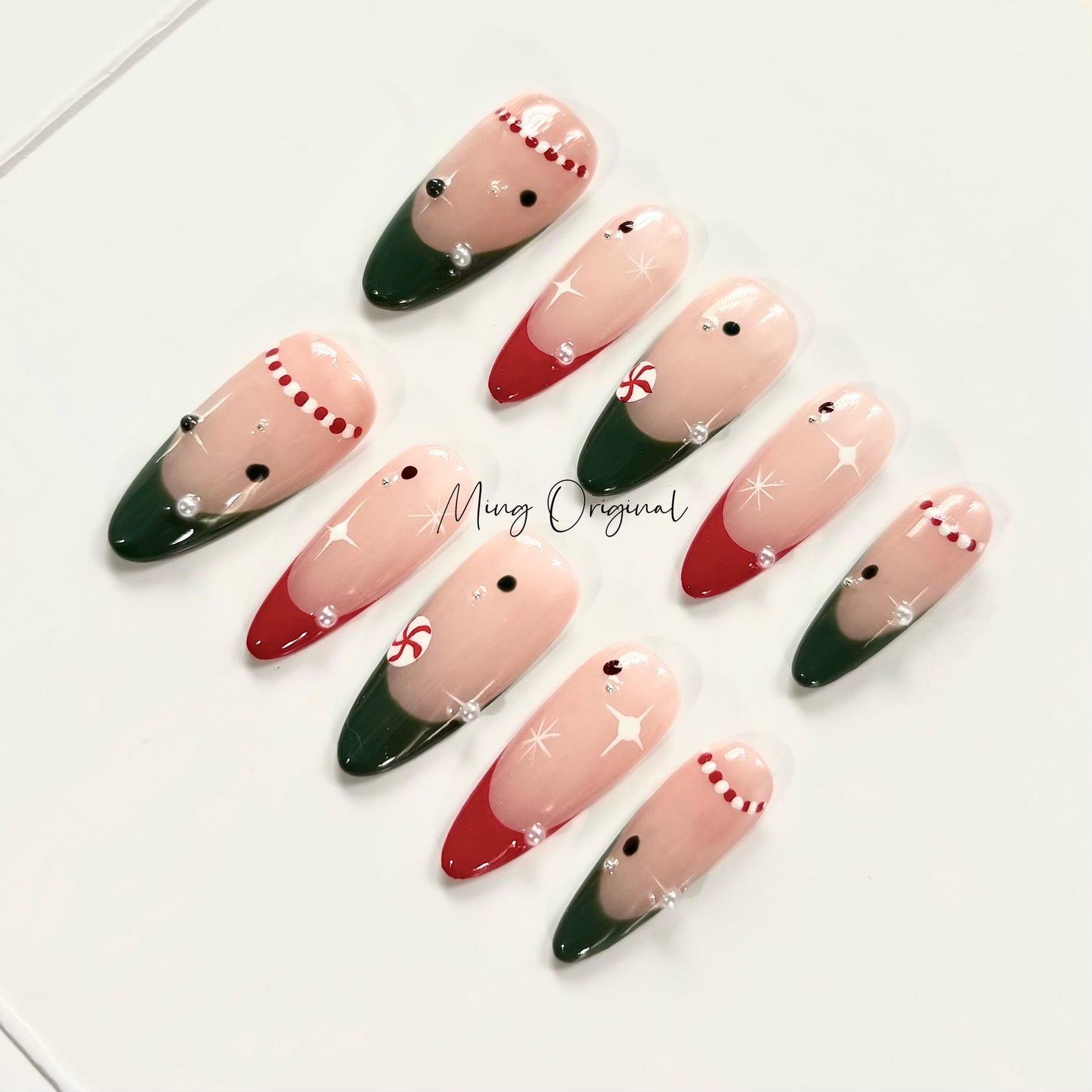 Christmas candy cane Press on Nails, winter snowflake handmade Nails,  green and red French tip Jelly Nails, MO330