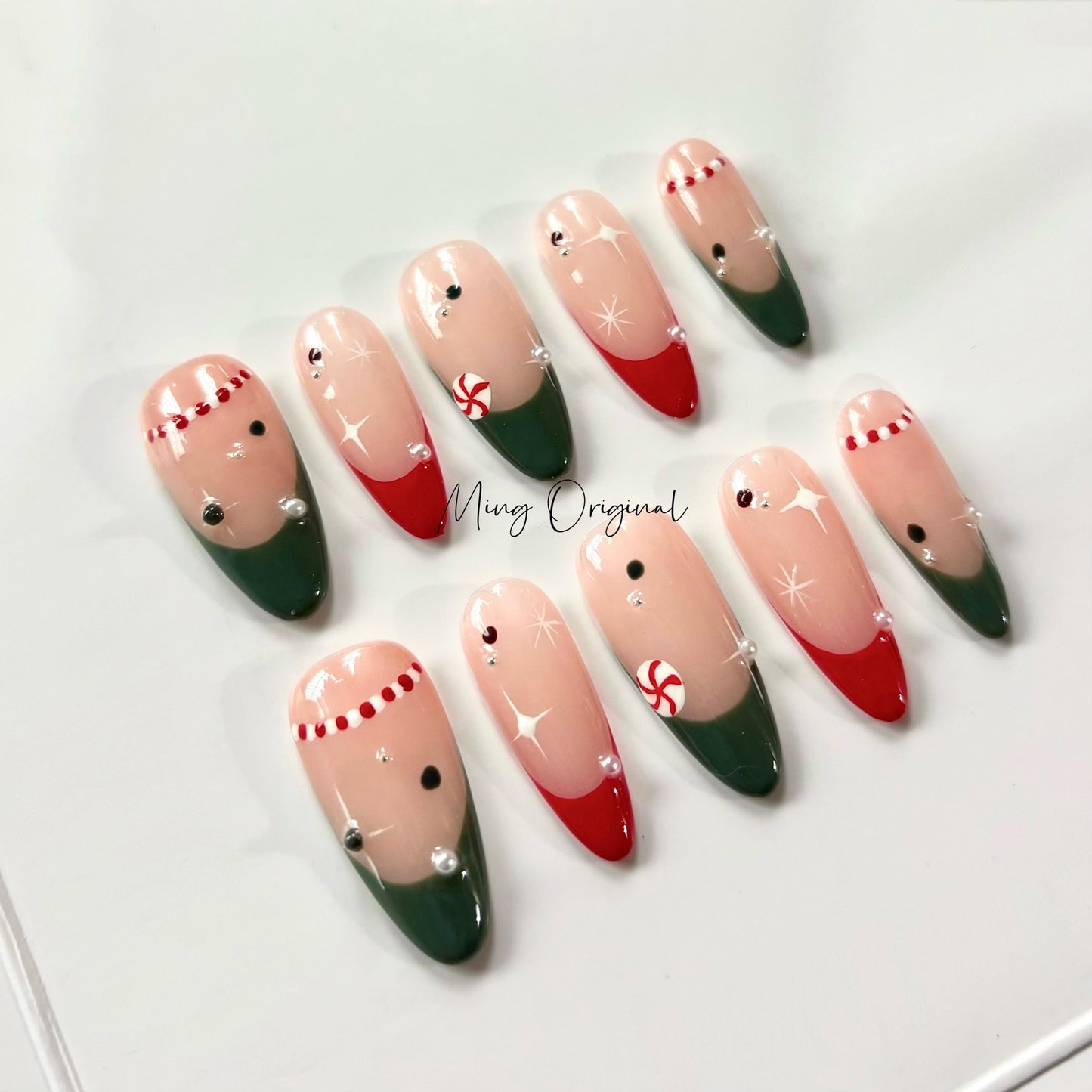 Christmas candy cane Press on Nails, winter snowflake handmade Nails,  green and red French tip Jelly Nails, MO330