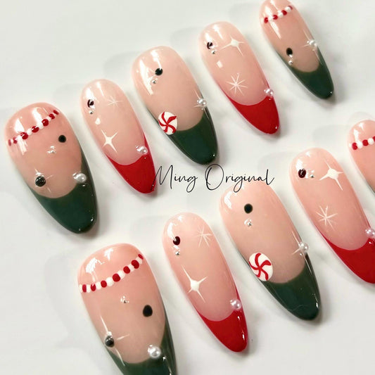 Christmas candy cane Press on Nails, winter snowflake handmade Nails,  green and red French tip Jelly Nails, MO330