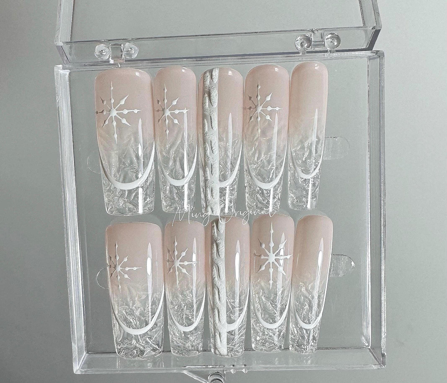 Christmas sweater clear Icey tip Press on Nails,snowflake crystal broken glass winter handmade Nails,nude pink French tip Jelly Nails, MO339