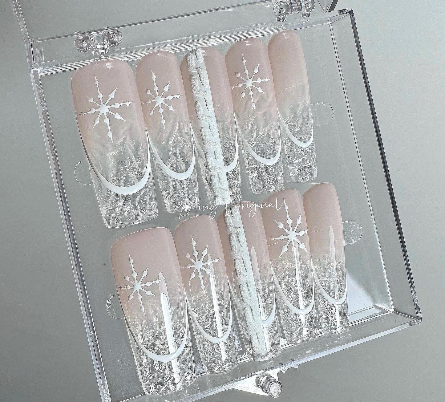 Christmas sweater clear Icey tip Press on Nails,snowflake crystal broken glass winter handmade Nails,nude pink French tip Jelly Nails, MO339