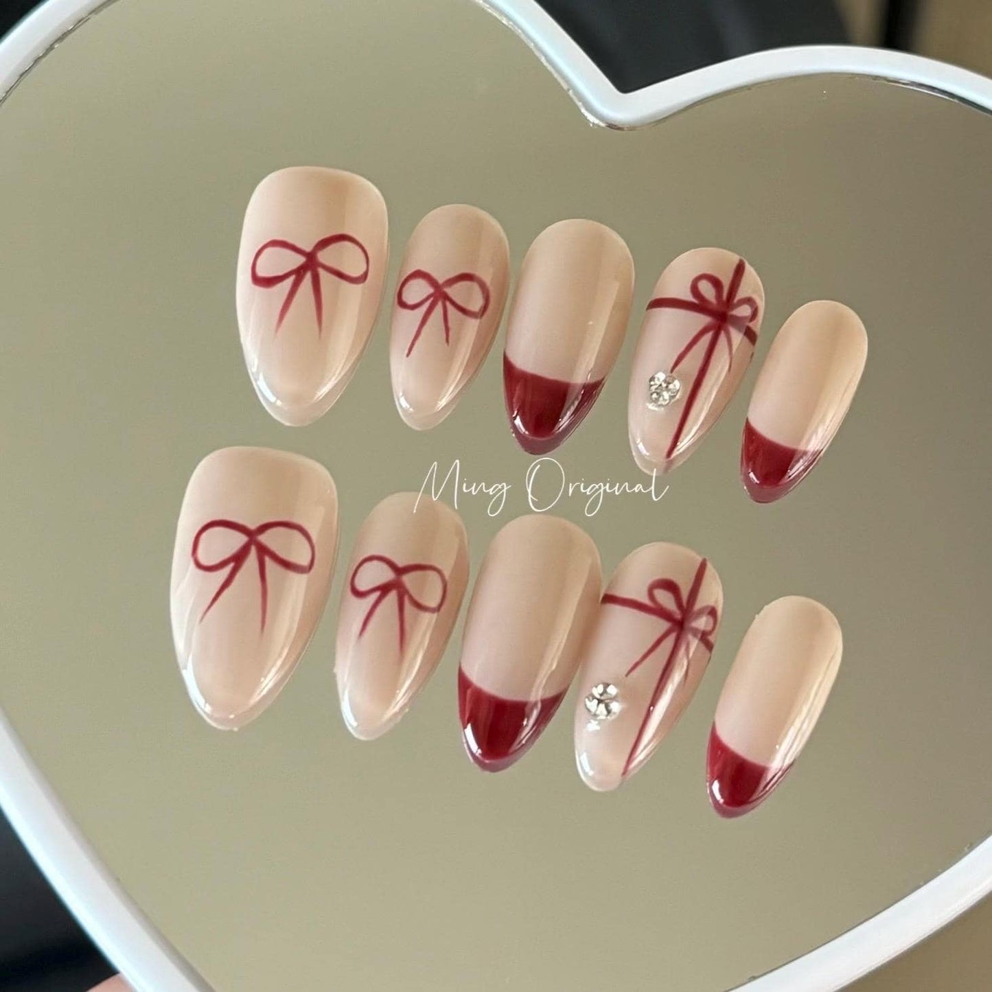XMAS GIFTS bow tie coquette press on nail, red french tip nude nails, glue on nail, Christmas birthday gift for her, MO350