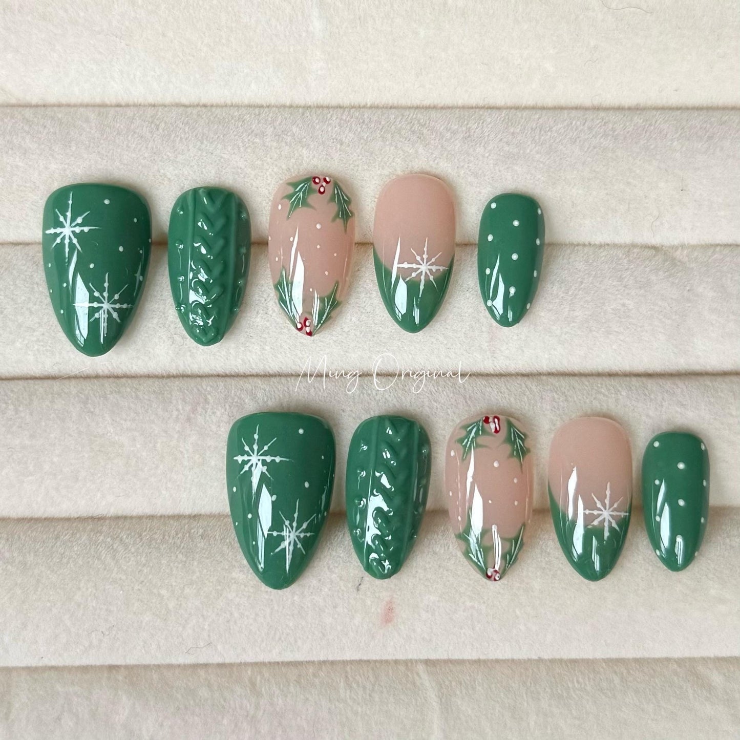 Christmas green sweater press on Nail, cherry tree and snowflake French tip nails, glue on nail, Holiday Fake Nails, Gifts for Her, MO353