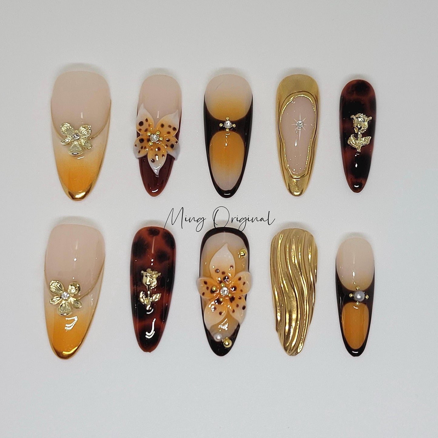 Golden Autumn Tortoise and flower press on Nail, fall , gold rose floral decor, 3d  flower chrome glue on nail, Holiday Gifts for Her, MO356