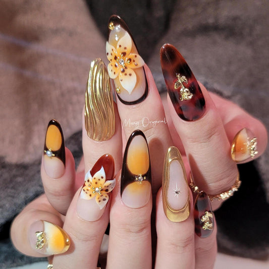 Golden Autumn Tortoise and flower press on Nail, fall , gold rose floral decor, 3d  flower chrome glue on nail, Holiday Gifts for Her, MO356
