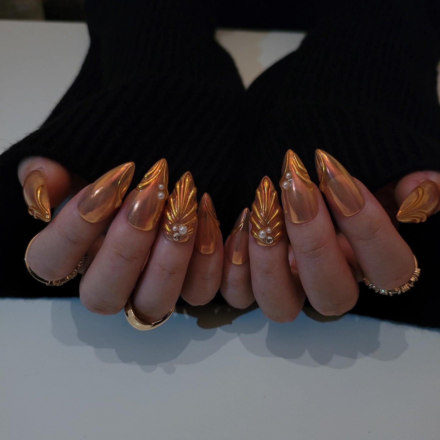 Golden mermaid press on nails, 3D Pearlescent Gold Aurora Chrome Nail, Aura pearl reusable nail, jelly fake nail, glue on nail, MO283