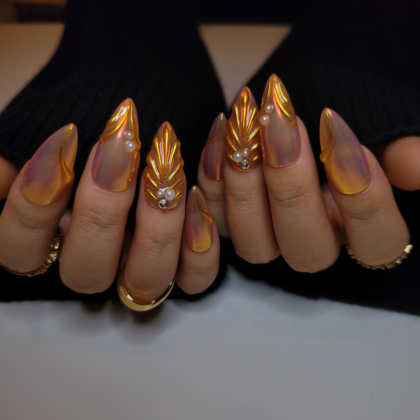 Golden mermaid press on nails, 3D Pearlescent Gold Aurora Chrome Nail, Aura pearl reusable nail, jelly fake nail, glue on nail, MO283