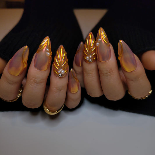 Golden mermaid press on nails, 3D Pearlescent Gold Aurora Chrome Nail, Aura pearl reusable nail, jelly fake nail, glue on nail, MO283