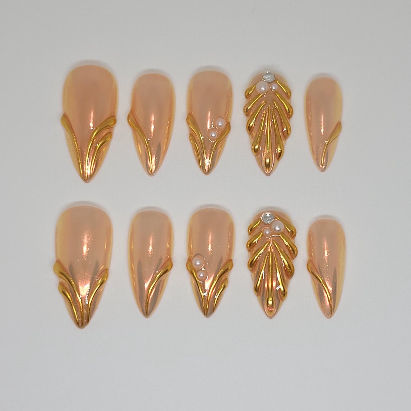 Golden mermaid press on nails, 3D Pearlescent Gold Aurora Chrome Nail, Aura pearl reusable nail, jelly fake nail, glue on nail, MO283