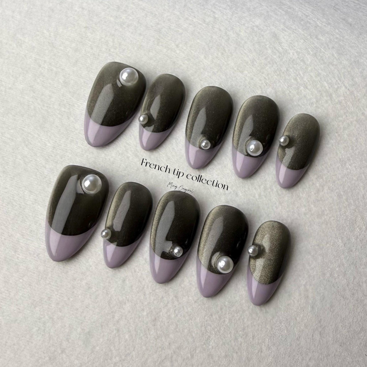 French Tip Collection| Purple and Pearl Press on Nails, black cat eye nail, autumn winter nail, gift for her,MO248
