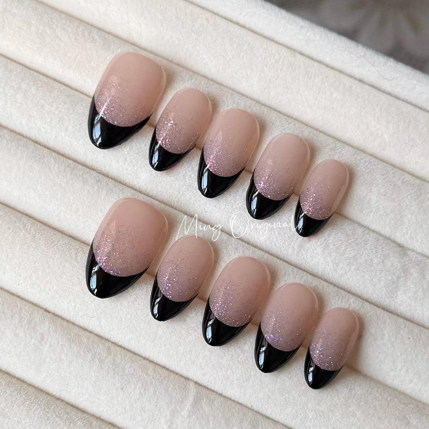 French Tip Collection, black tip and glitter Press on Nails, nude glittery everyday nail ,glue on nail, birthday holiday gift for her,MO327