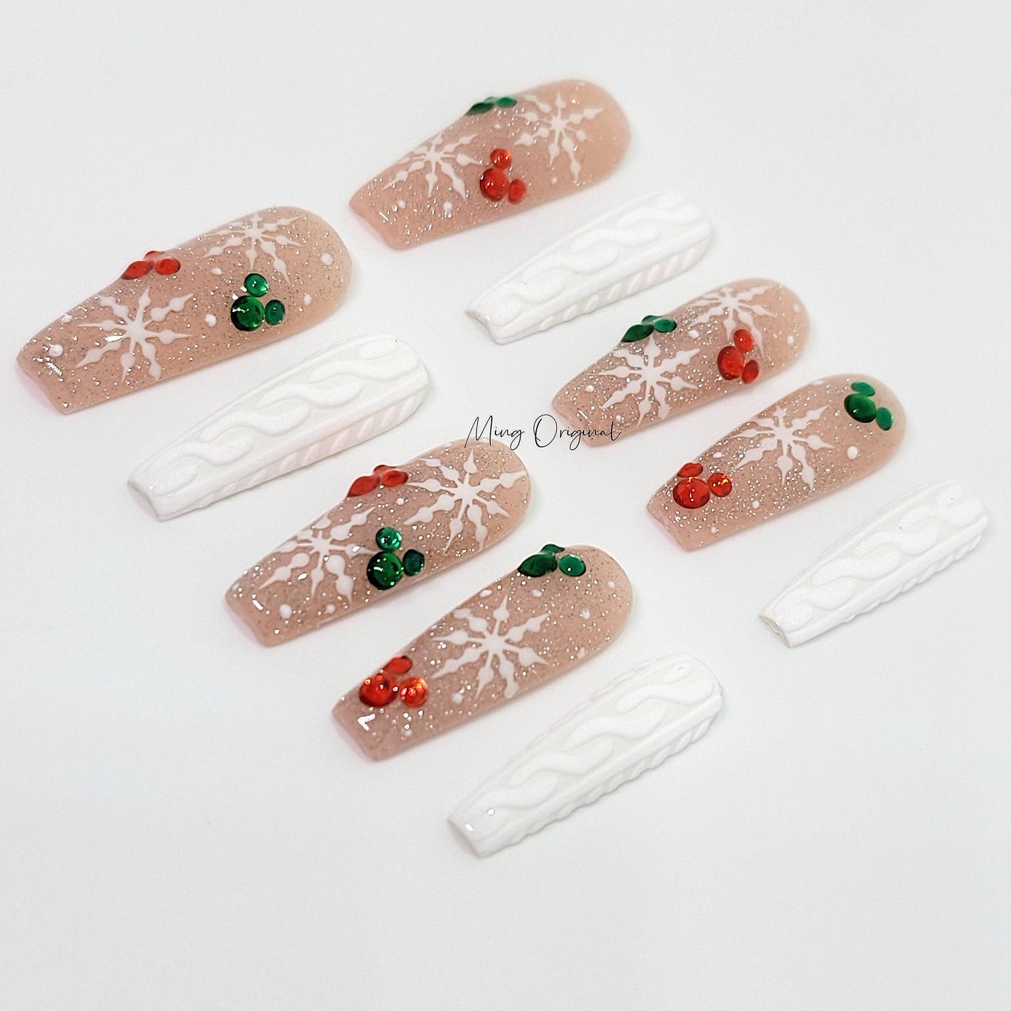 Nude Christmas sweater Press on Nails, snowflake winter handmade Nails, micky head, diamond reflective glitter Jelly Nails, MO387