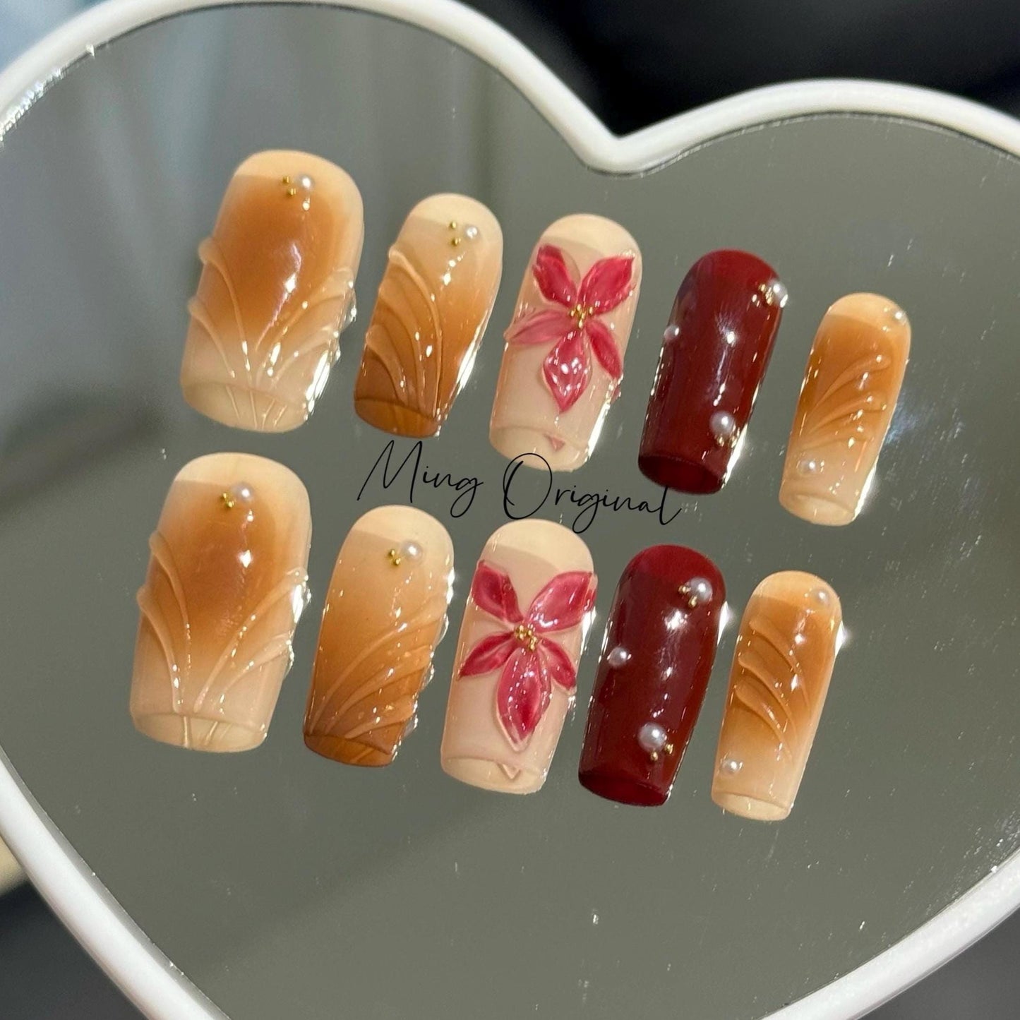 Golden tone Autumn red flower press on Nail, Clematis floral, 3d red flower glue on nail, 3d swirls, Holiday Gifts for Her, MO410