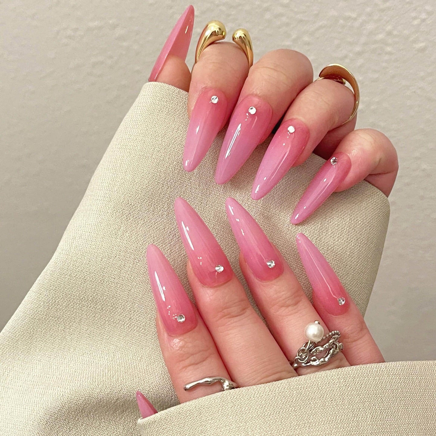 Simple airbrush press on nails, pink purple ombre color with rhinestone, jelly fake nails,hand painted candy color nail