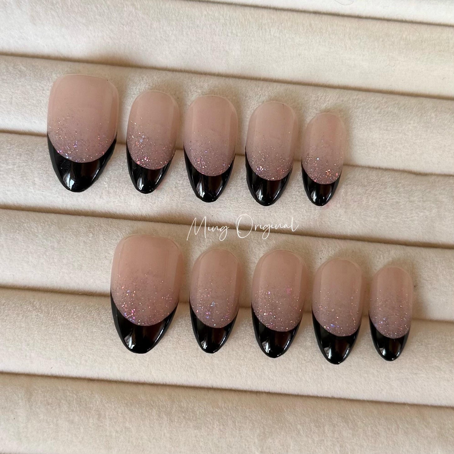 French Tip Collection, black tip and glitter Press on Nails, nude glittery everyday nail ,glue on nail, birthday holiday gift for her,MO327