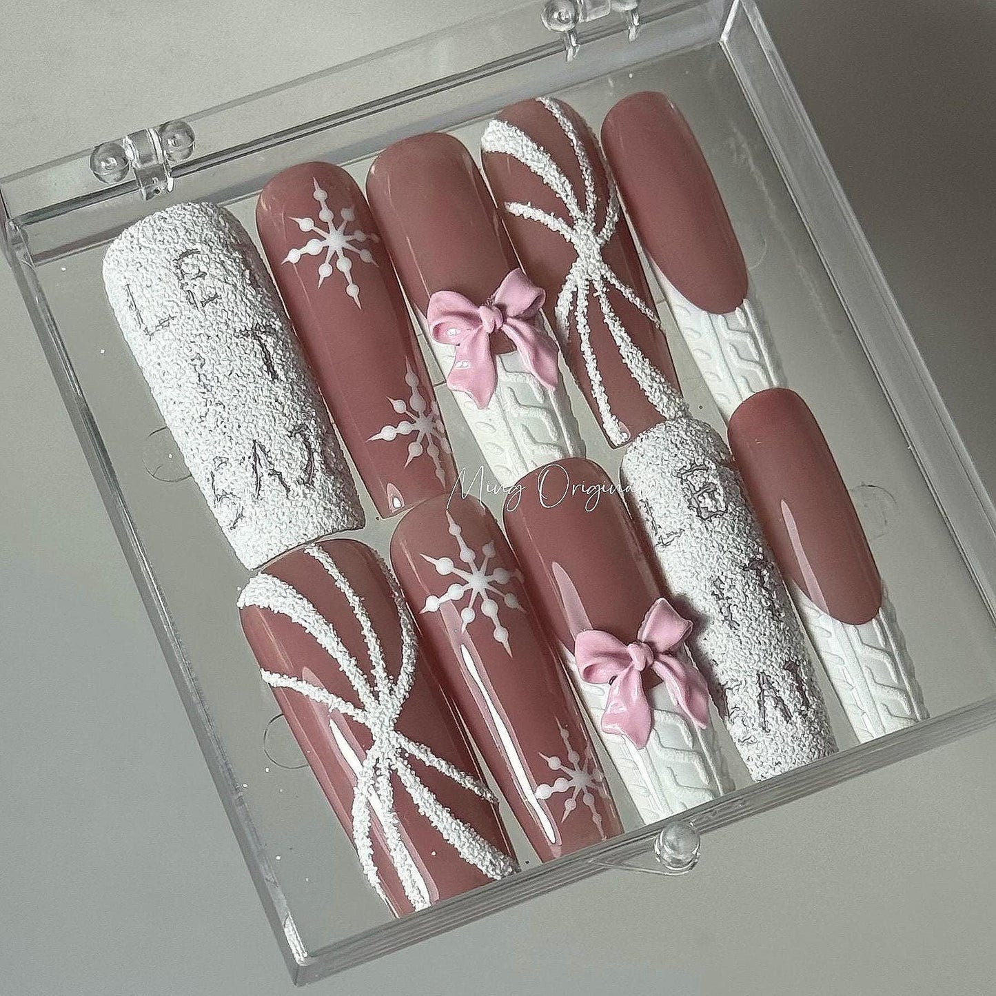 LET IT SNOW Theme Festival candy cane press on Nail, chocolate color, snow flake,swirl nail, bow coquette glue on nail, Gifts for Her, MO414