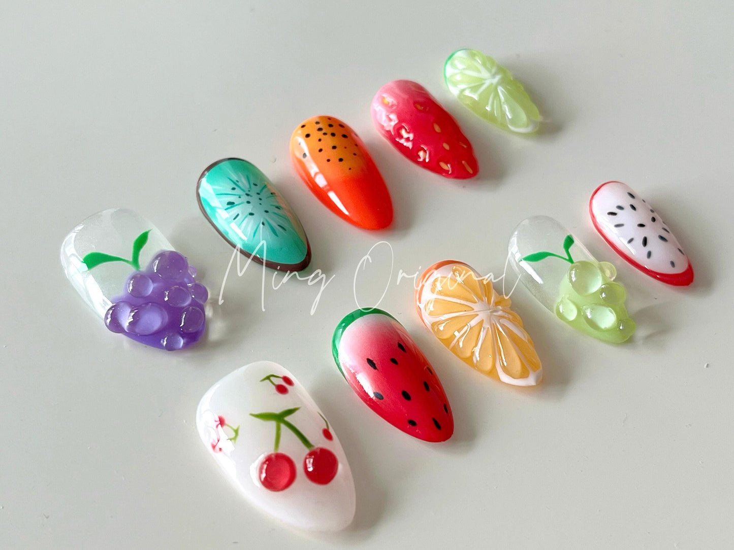 Summer Colorful Fruit Lover press on nails,Fresh Look Candy Color Gifts for Her,Grape Orange Kiwi Watermelon