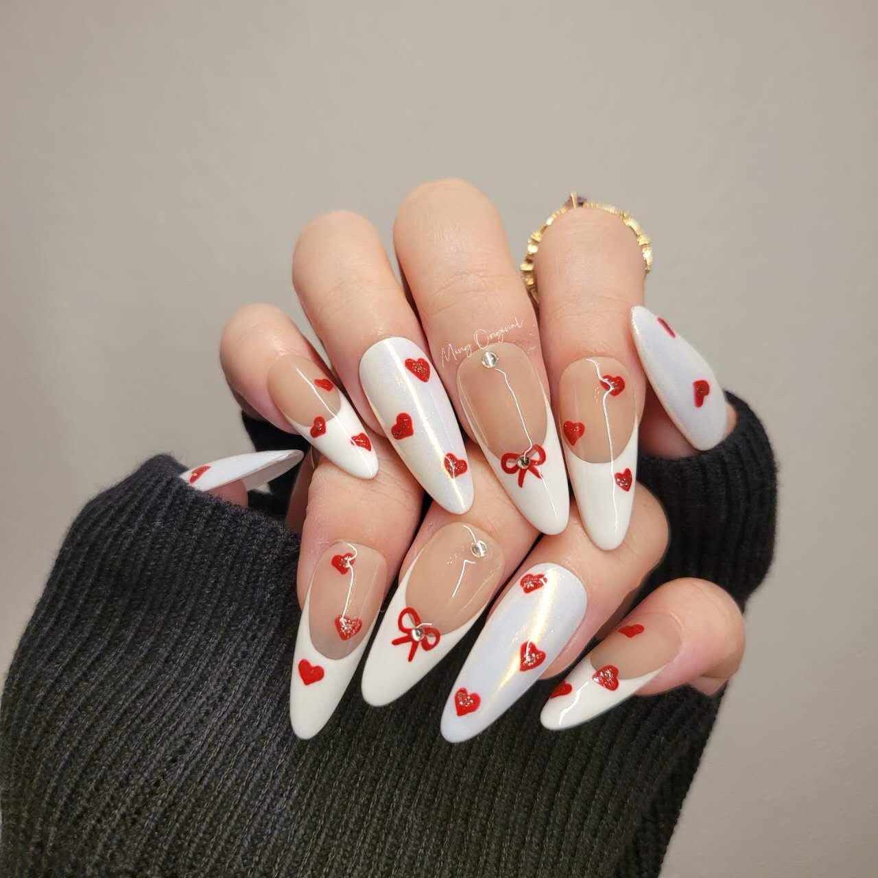 Valentine bow coquette French Tip Nail , handpainted glitter heart press on nails, Gifts for Her