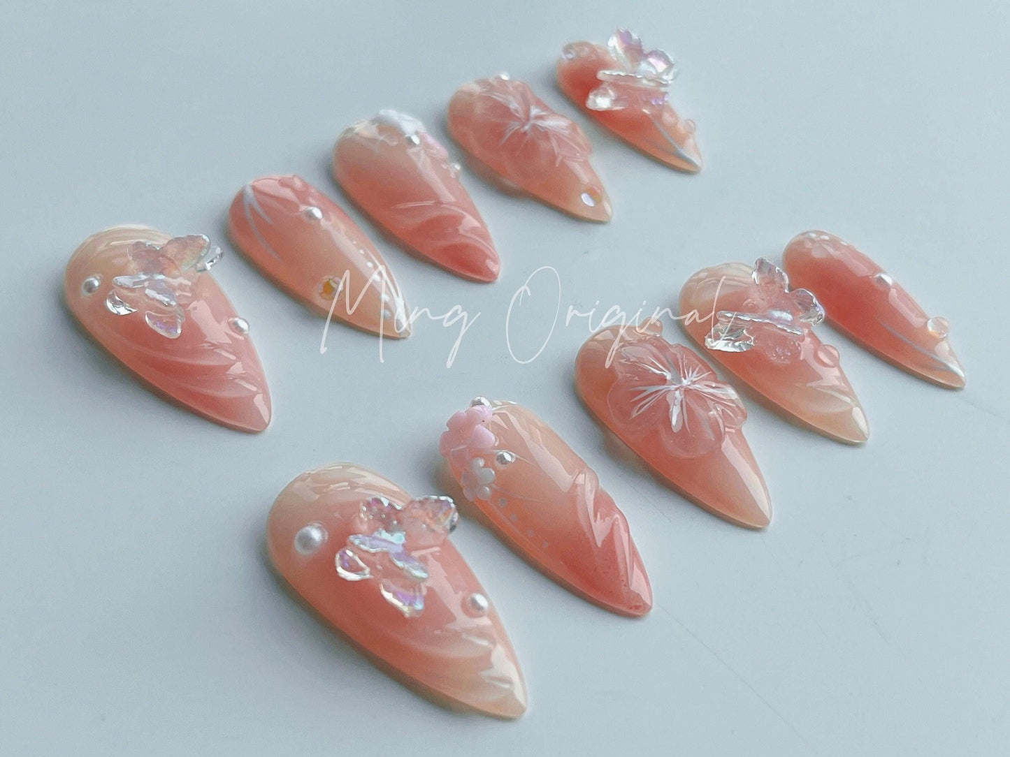 3D sculptured flower Press on Nails, Mermaid Butterfly Nails, Clear Tropical Floral Nails, Jelly Nails