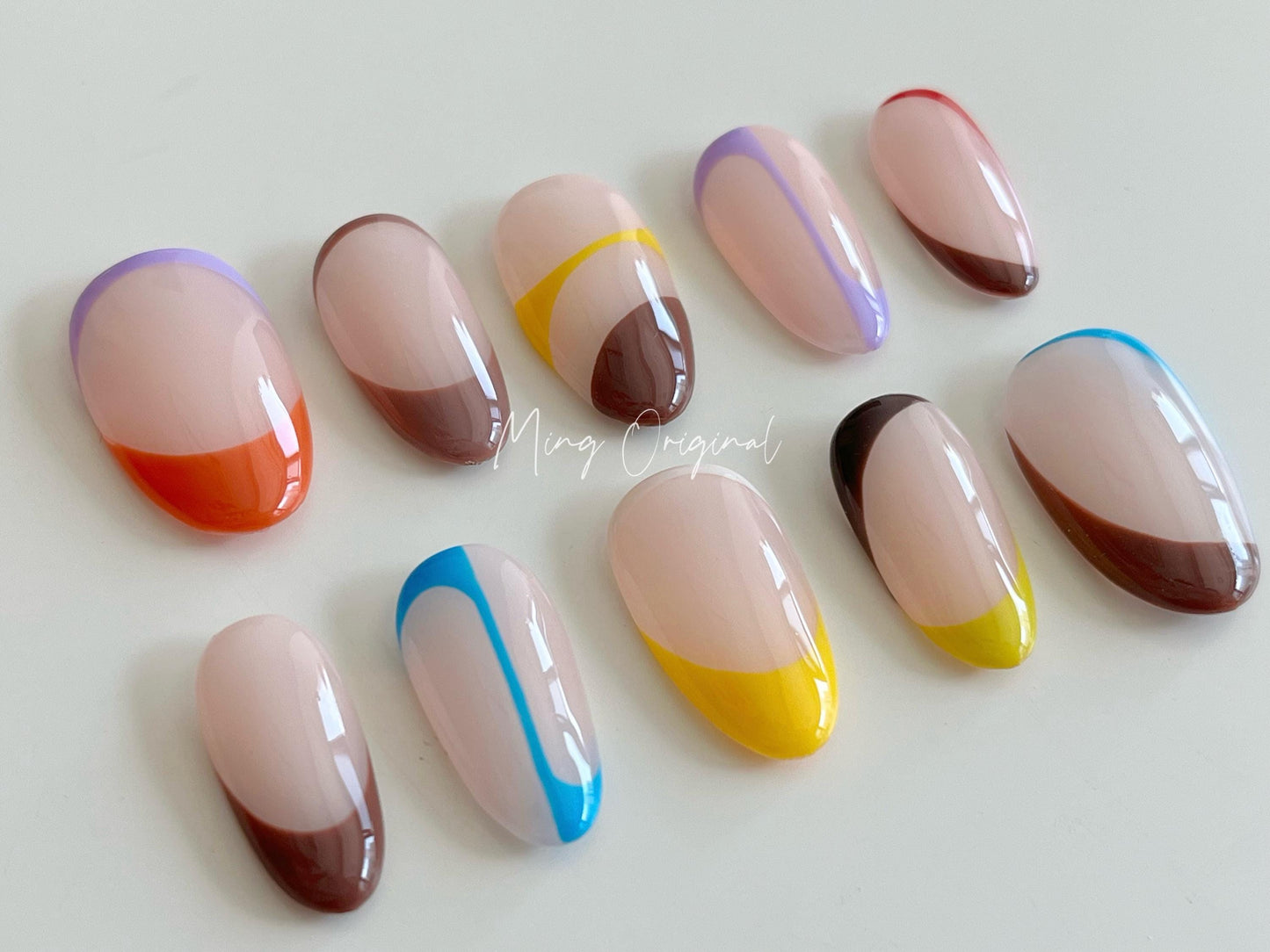 Free style abstract line bubbly color press on nails, reuse nails, ,hand painted candy color nail, gift for her