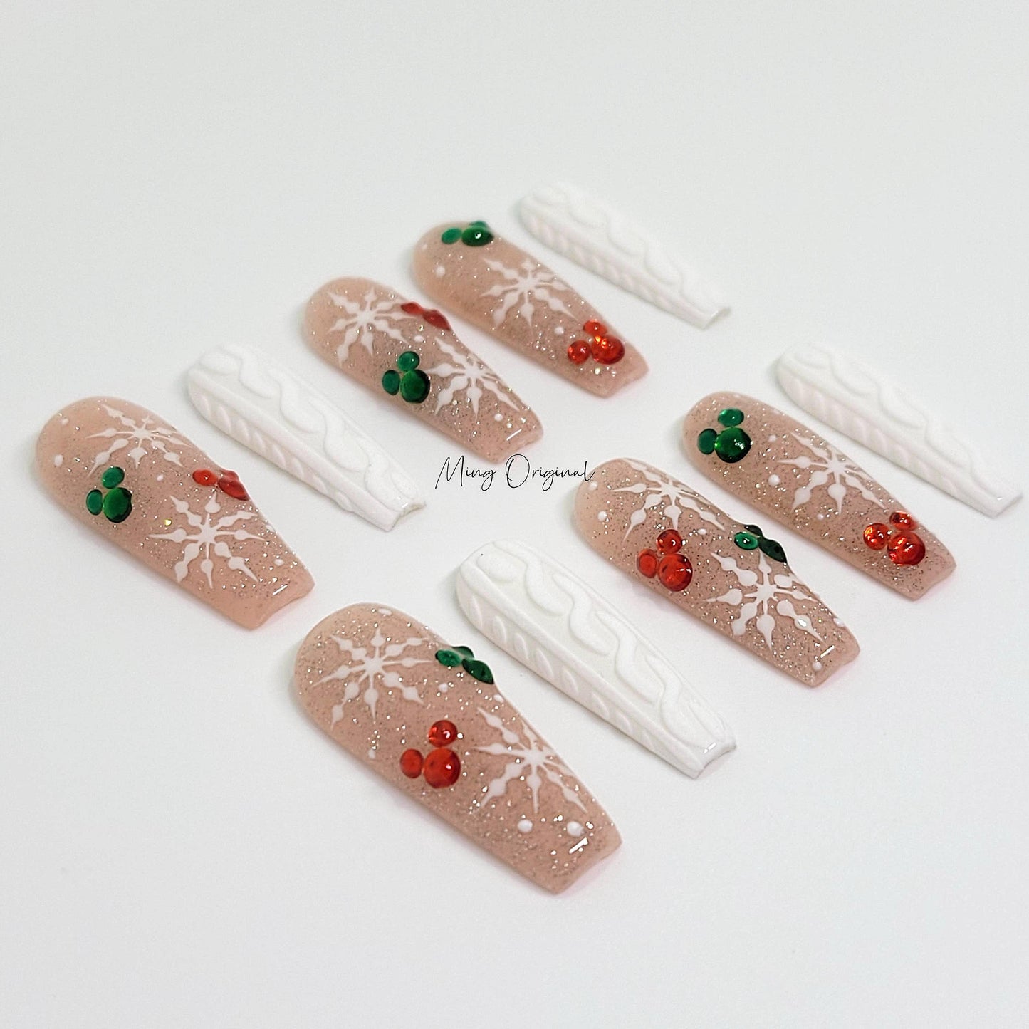 Nude Christmas sweater Press on Nails, snowflake winter handmade Nails, micky head, diamond reflective glitter Jelly Nails, MO387
