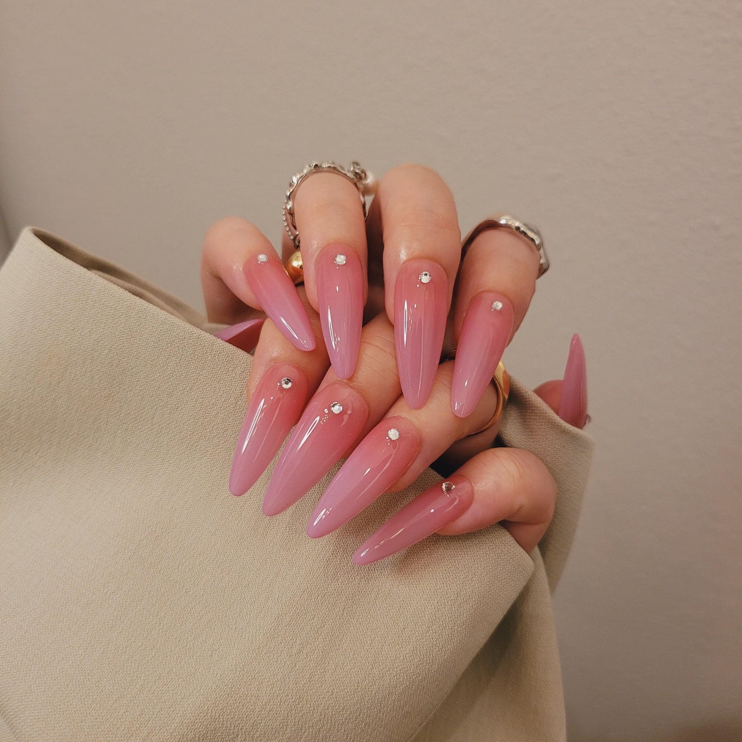 Simple airbrush press on nails, pink purple ombre color with rhinestone, jelly fake nails,hand painted candy color nail