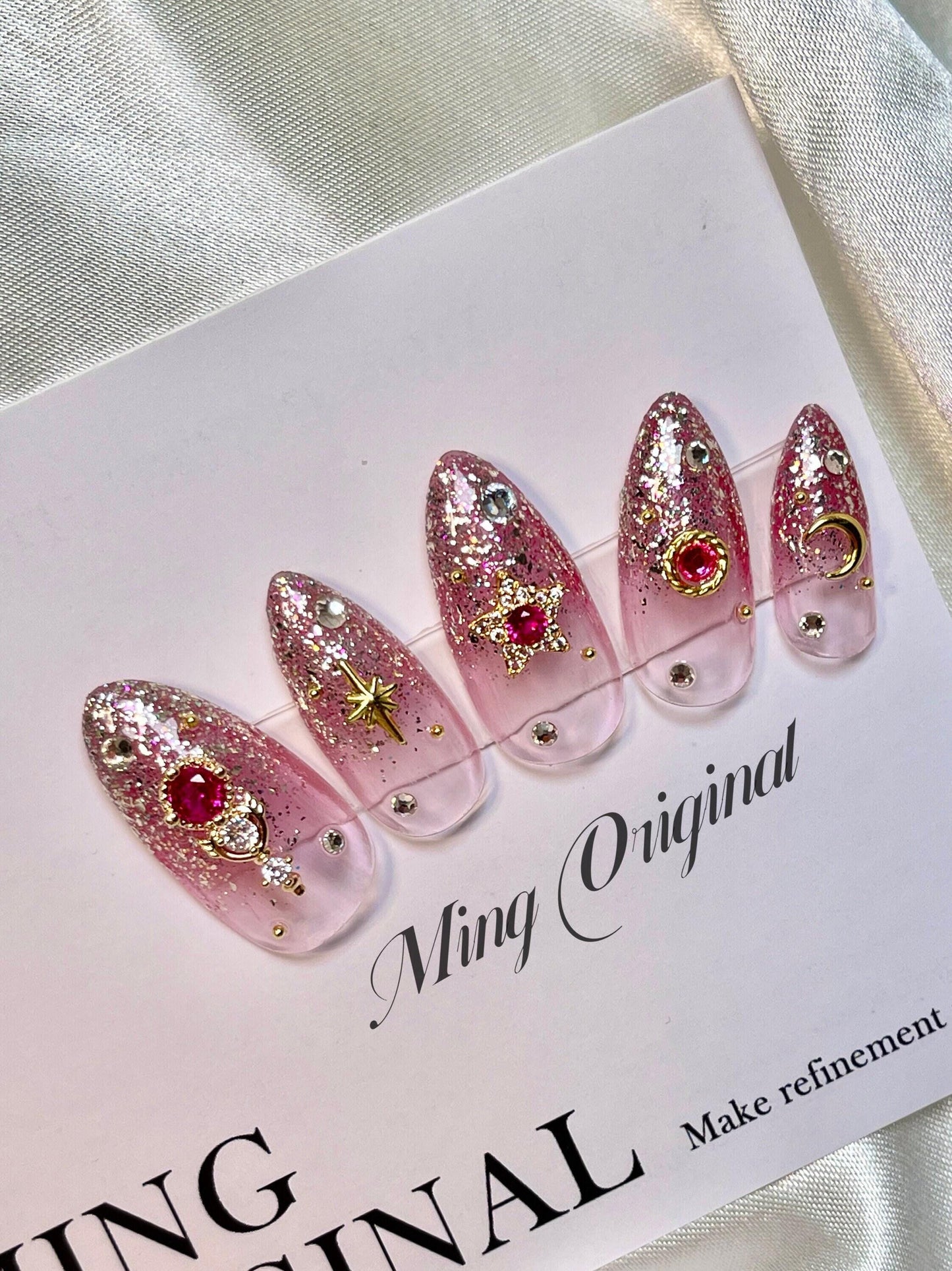 Sailor moon pink ombre glitter press on nail, pink gemstone with gold charm Fake nails, star and moon shape nail, Rhinestone andmade Gel Nai