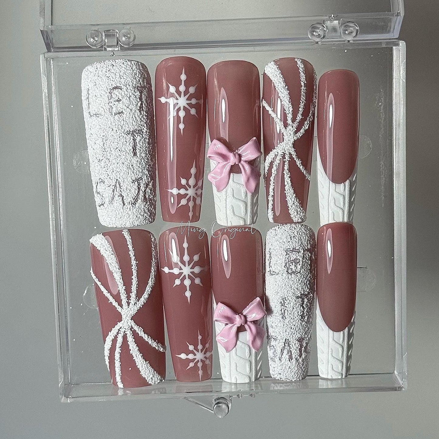 LET IT SNOW Theme Festival candy cane press on Nail, chocolate color, snow flake,swirl nail, bow coquette glue on nail, Gifts for Her, MO414