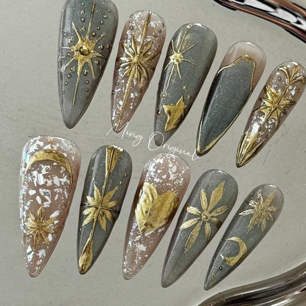 Greek Goddess mystery gold free style cat eye press on nails, heart and Star moon nail, nude jelly fake nail, birthday gift for her,MO345